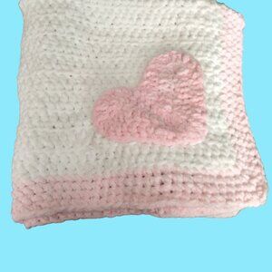 Handcrafted baby Blanket White Pink Heart  Chunky Chenille Yarn Super Soft